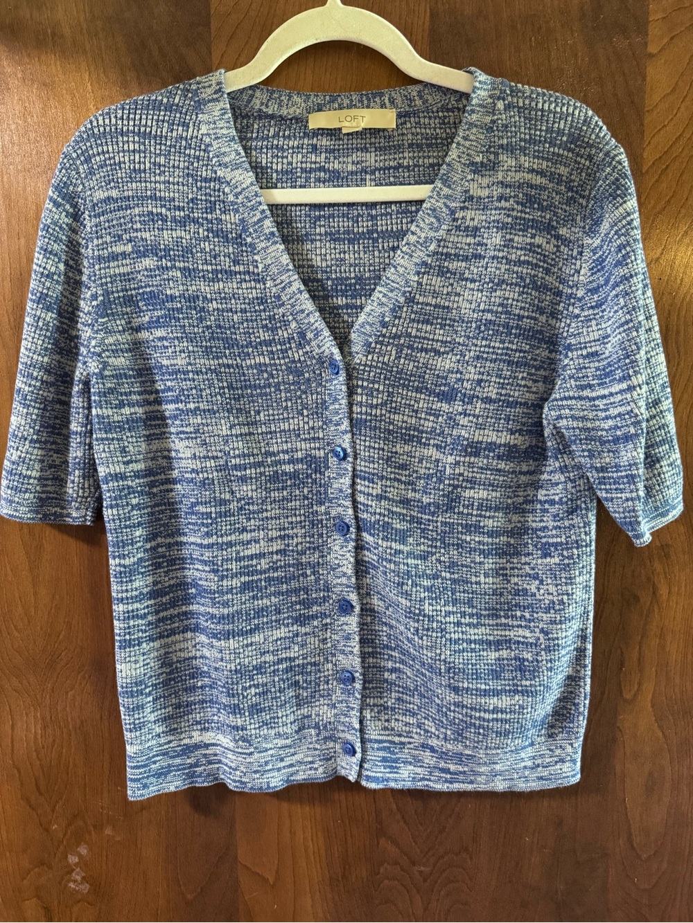 LOFT Blue Marled V-Neck Button Short-Sleeve Cardigan